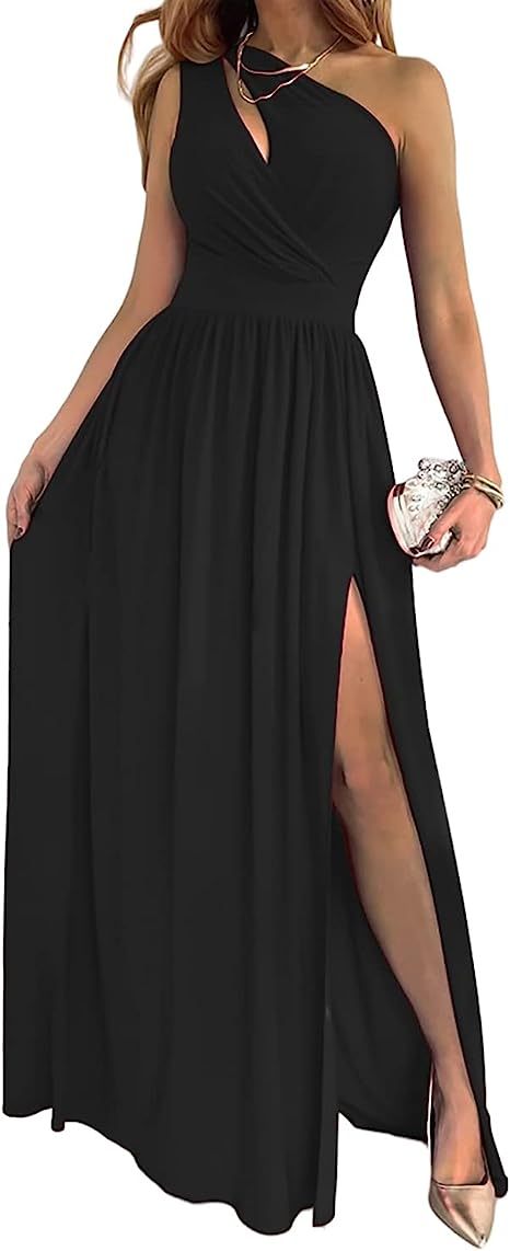 Women's One Shoulder Wrap Maxi Dress with Thigh Slit