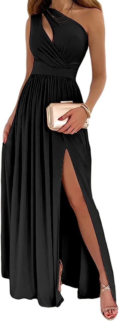 Women's One Shoulder Wrap Maxi Dress with Thigh Slit
