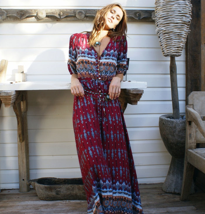 Bohemian Print V-Neck Maxi Dress with Long Sleeves