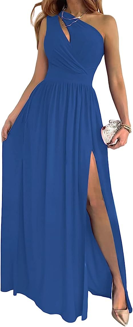 Women's One Shoulder Wrap Maxi Dress with Thigh Slit